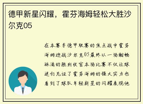 德甲新星闪耀，霍芬海姆轻松大胜沙尔克05